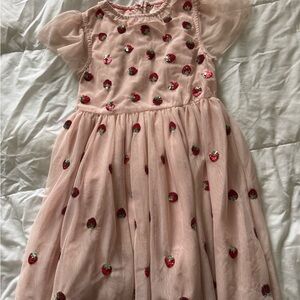 Mini Boden Pink Tulle Dress with Sequin Strawberry Accents size 8-9